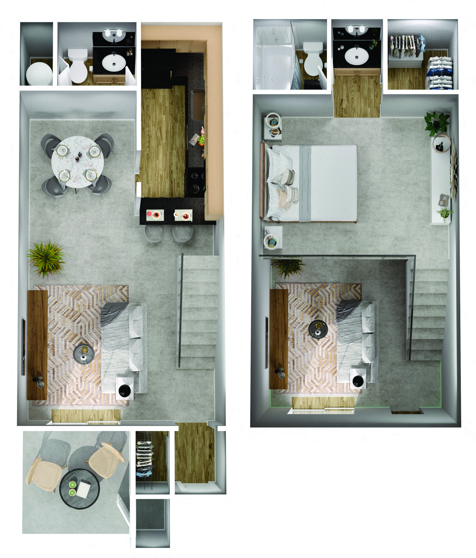 Floor plan for 1 bed, 1.5 baths, 805 sqft